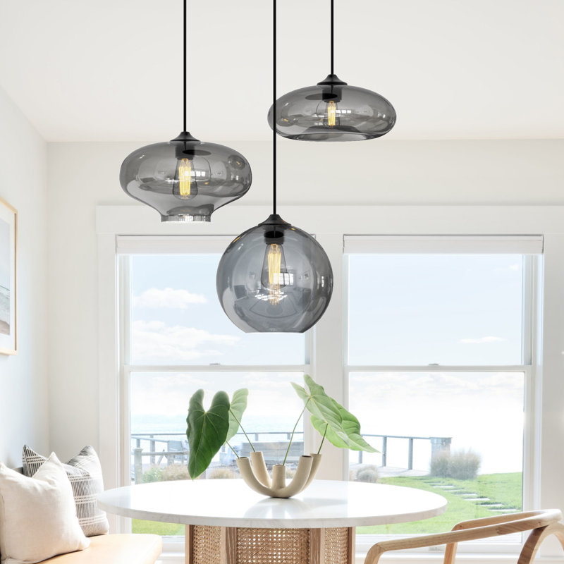 Keymiah 3-Light Dimmable Round/Oval Chandelier | Smoky Grey Glass Pendant Light with Adjustable 40" Wire