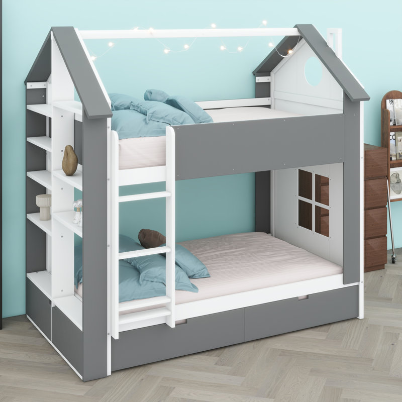 Lit de maison moderne avec tiroirs de rangement, tablettes et conception compacte, Blanc + gris