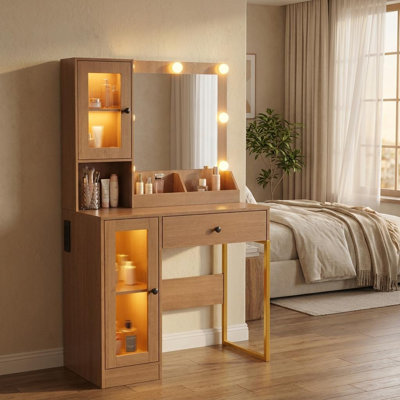 Vanity Desk with Mirror & Lights, Makeup Table with USB Outlets, Storage Drawers & Adjustable Bulbs