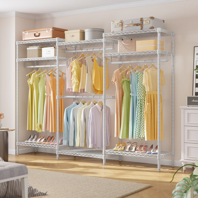 85.4” Heavy-Duty Clothes Rack, 1040 lbs Capacity Adjustable Garment Rack with Shelves, Portable Metal Wardrobe, White, White