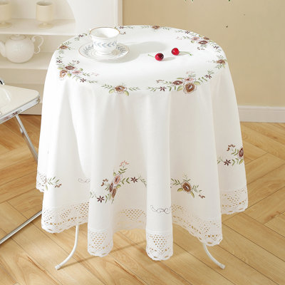 White Rounded Tablecloth with Lace Edge and Embroidery floral Holiday Cocktail Party table wear