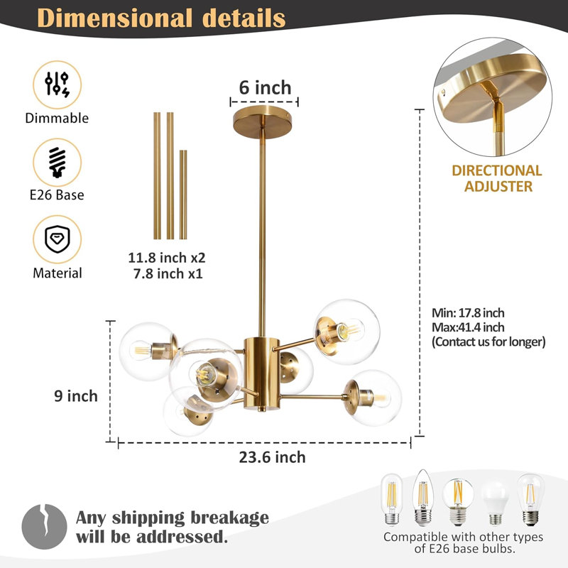 Lustre moderne Spoutnik 6 lumières avec globes en verre givré, hauteur réglable, pour la salle à manger, la chambre à coucher, la cuisine