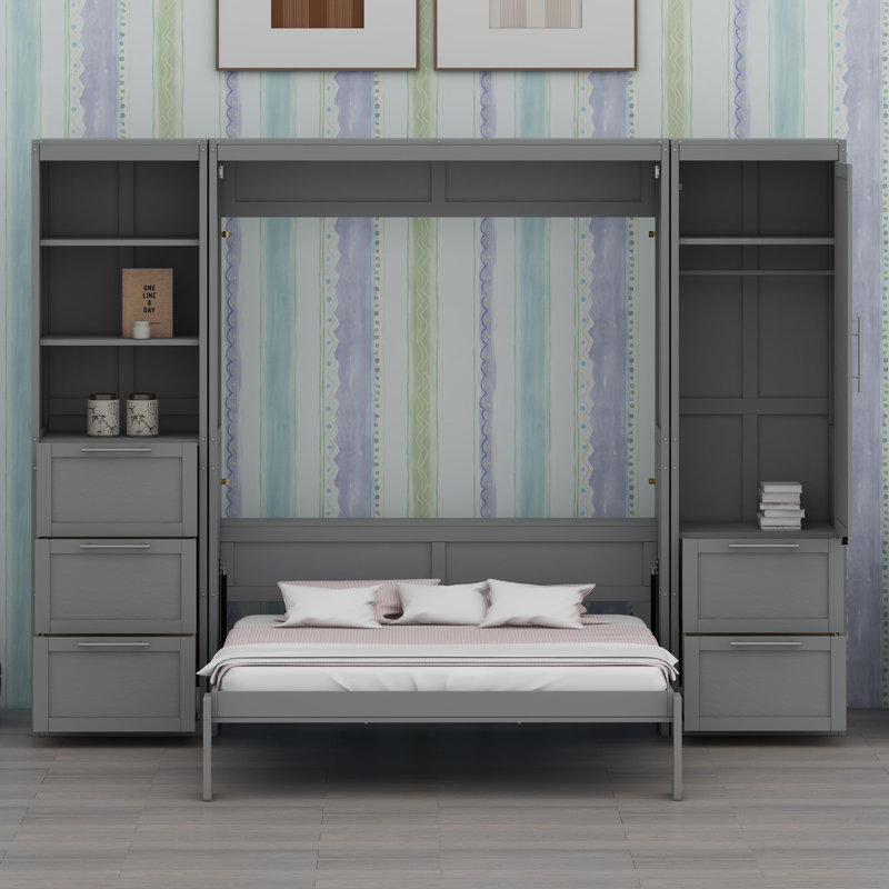 Lit escamotable mural avec placard intégré, tiroirs et tablettes Murphy, Gris
