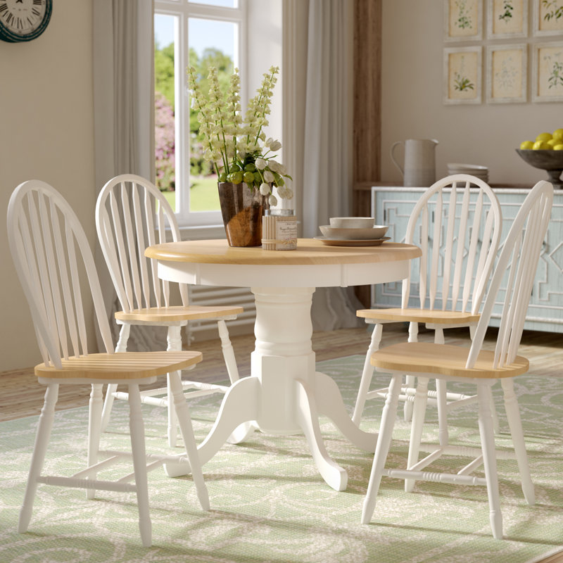 Kaneshiro Solid Wood Top Pedestal Dining Set, White/Natural, 5 Pieces: Table, 4 Chairs