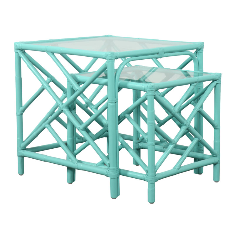 Chippendale Glass Nesting End Table, Turquoise