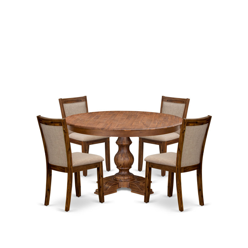 L'ensemble de salle à manger 5 pièces se compose d'une table de cuisine à piédestal et de 4 chaises de cuisine en lin brun clair avec dossier rembourré - noyer antique