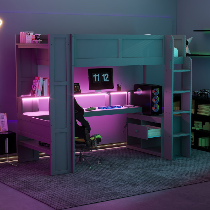 Wood Gaming Loft Bed with Desk, Multi-storage Shelves, LED and Charging Station, Dark Gray, Twin