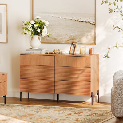 Laverda 6 Drawer Baby Dresser For Bedroom, Double Chest Of Drawers For Kids, Minimalist Reeded Design, Modern Wooden Closet Storage Organizer For Nursery, Living Room, Hallway