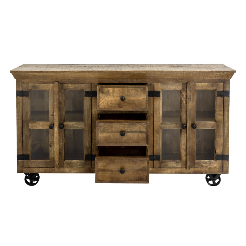 Lorraine 72" Mango Wood Sideboard with Glass Doors and Cast Iron Wheels