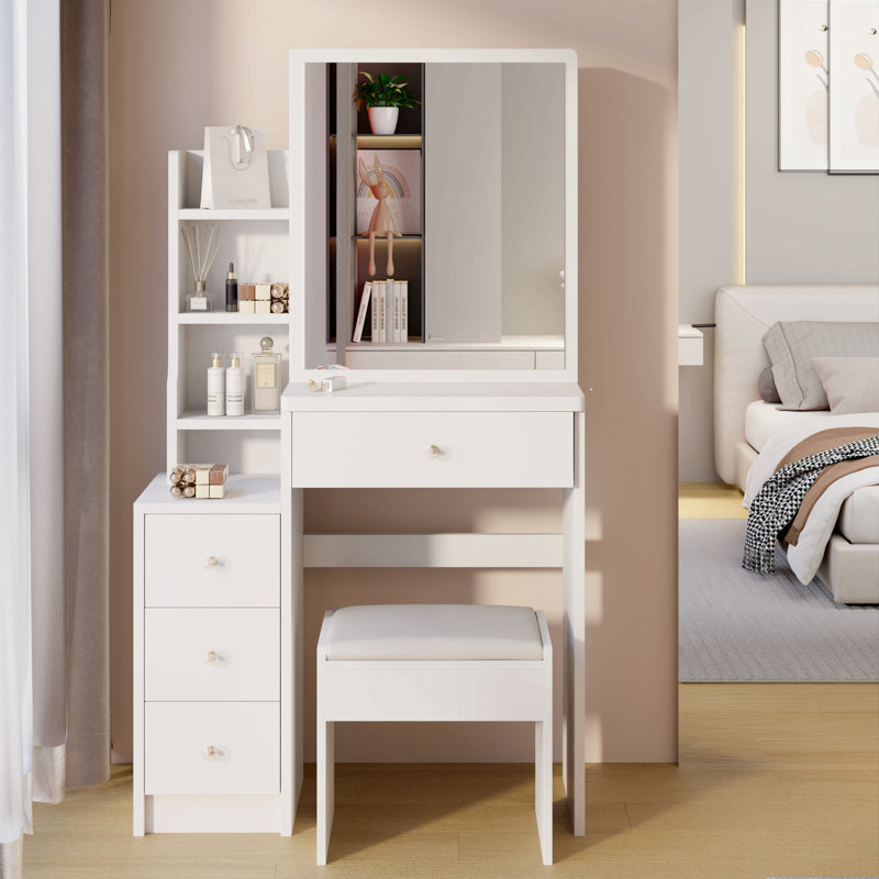Petit meuble-lavabo 29,2 po avec tabouret de chevet gauche + tabouret rembourré, très grand miroir coulissant à droite, rangement multi-couches à grande capacité, commode pratique