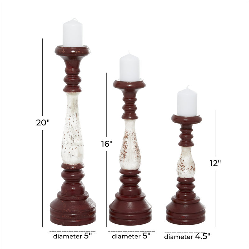 Turned Style Pillar Decorative Candle Holder with Accents Set, Red