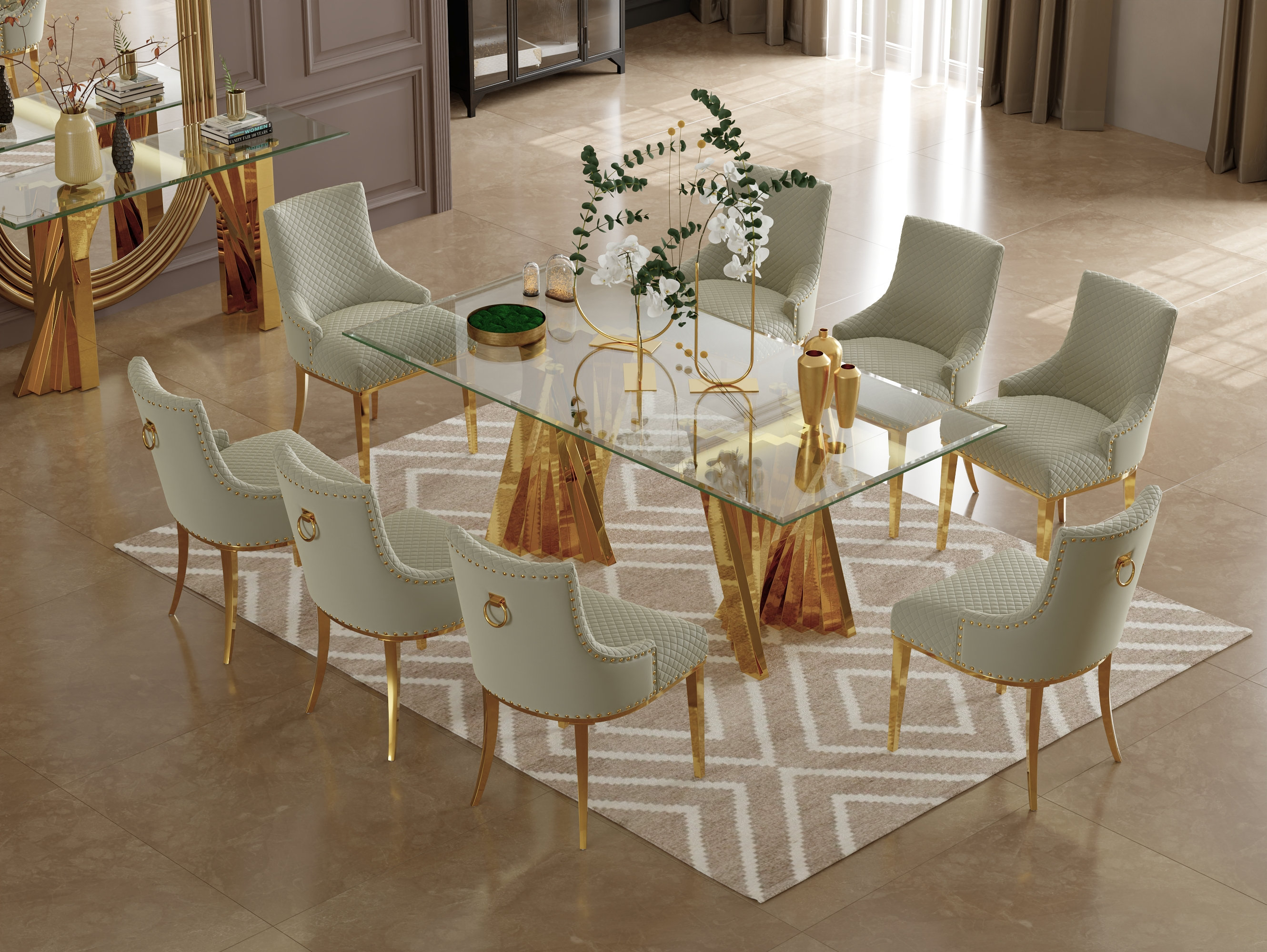 Everly Quinn 78 Inch Gold Dining Table With Glass Top And Stainless ...