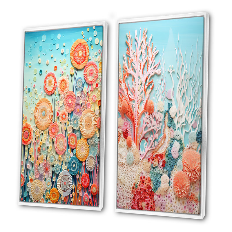Coral Reef Barrier Impression - Coastal Coral Under Water, ensemble de 2 reproductions d'art sur toile, Cadre flottant blanc