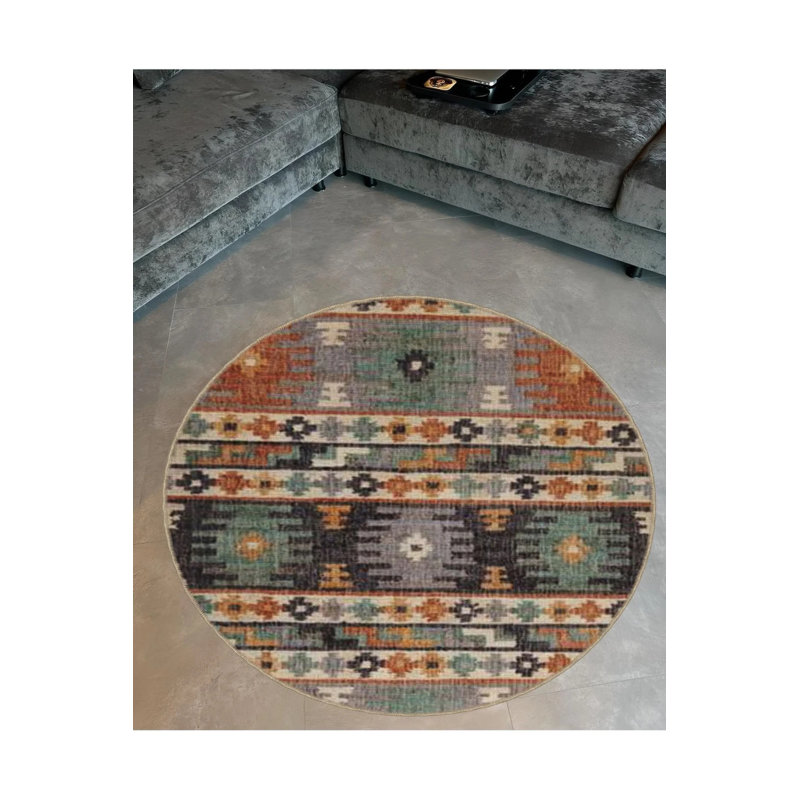Multicolored Ethnic Motif Traditional Patterned Round Woven Base Vintage Decorative Carpet, Round 3'4"