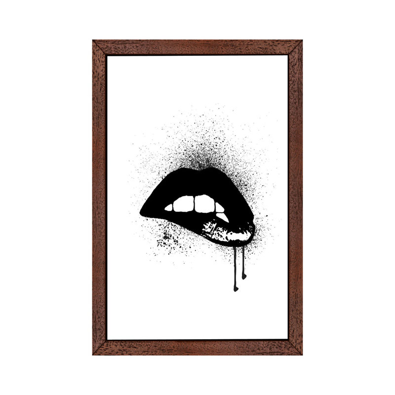Lips Drip Black by Amanda Greenwood - Floater Frame Print on Canvas, Brown Framed
