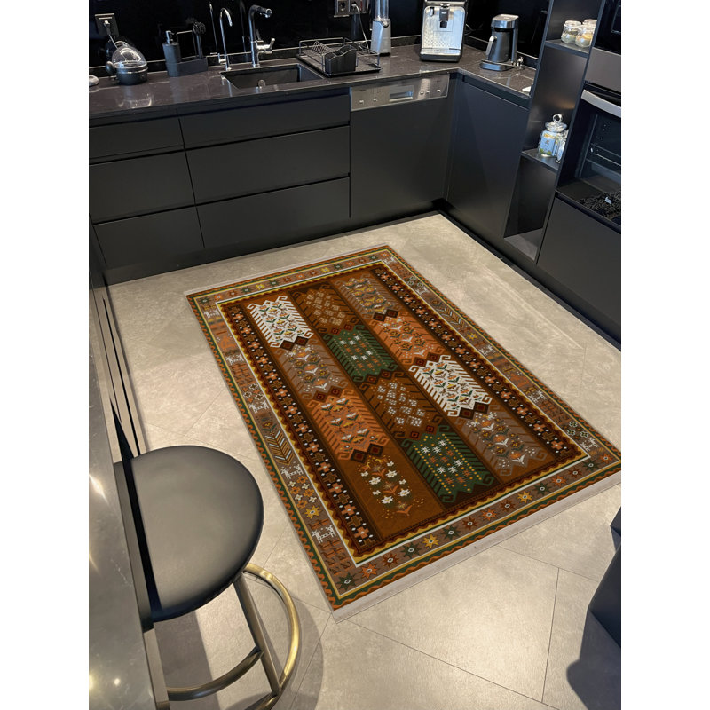 Tapis décoratif rétro multicolore à motifs foncés, Rectangle 3 pi 11,24 po x 5 pi 10,87 po
