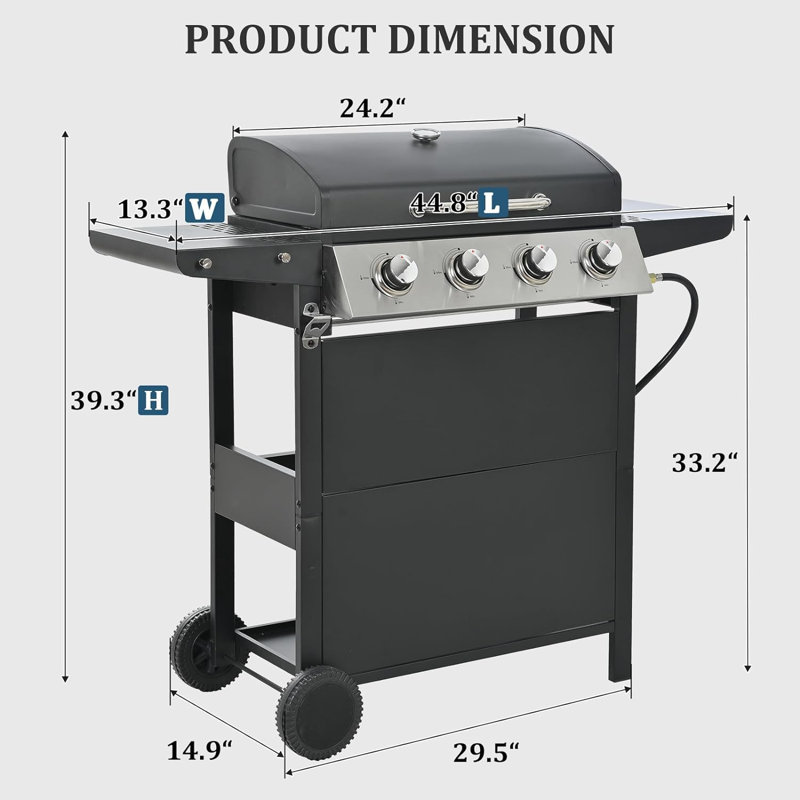 Barbecue au gaz propane liquide autoportant à 4 brûleurs avec brûleur latéral Sapphome