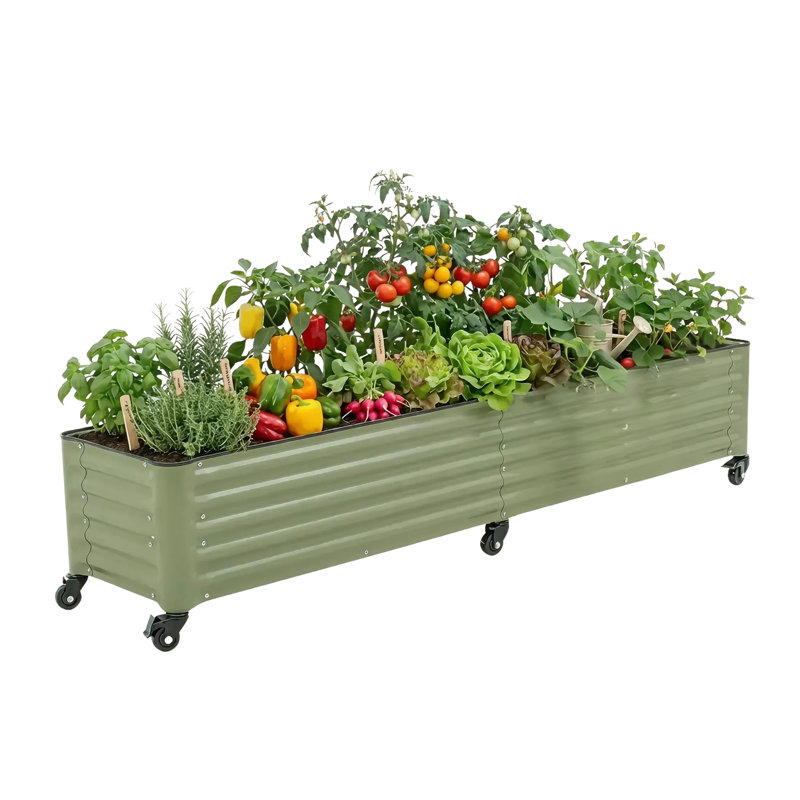 Pot de fleurs surélevé pour l'extérieur de 19 po de hauteur et 96 po de long avec roues, Olive Green