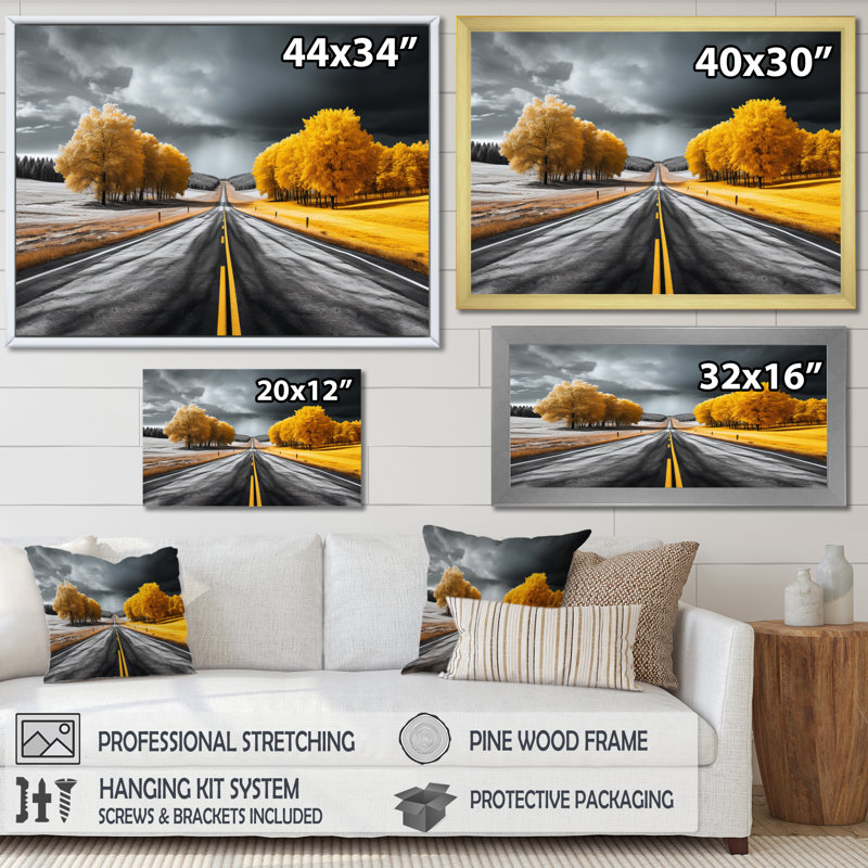" Road Through Yellow White Forest II ", 30" H x 40" W x 1.5" D, Gold Floater Framed