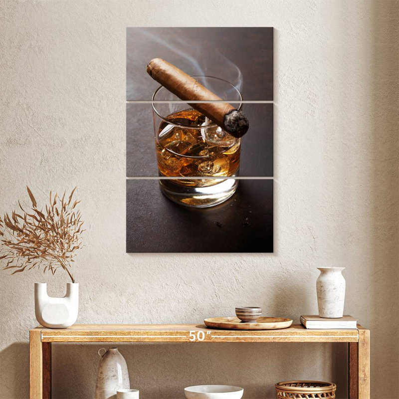 Cigare sur verre à whisky - Ensemble de 3 toiles tendues, H 38 po x l 24 po x P 1,25 po