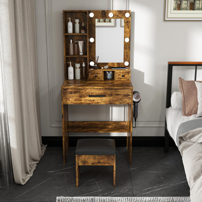 Table de coiffeuse avec miroir à DEL et tabouret
