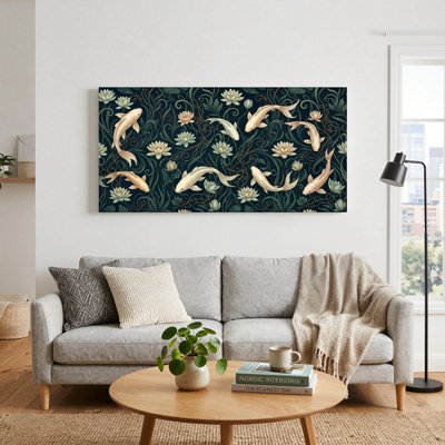 Ensemble de 1 tableau sur toile représentant des poissons koi