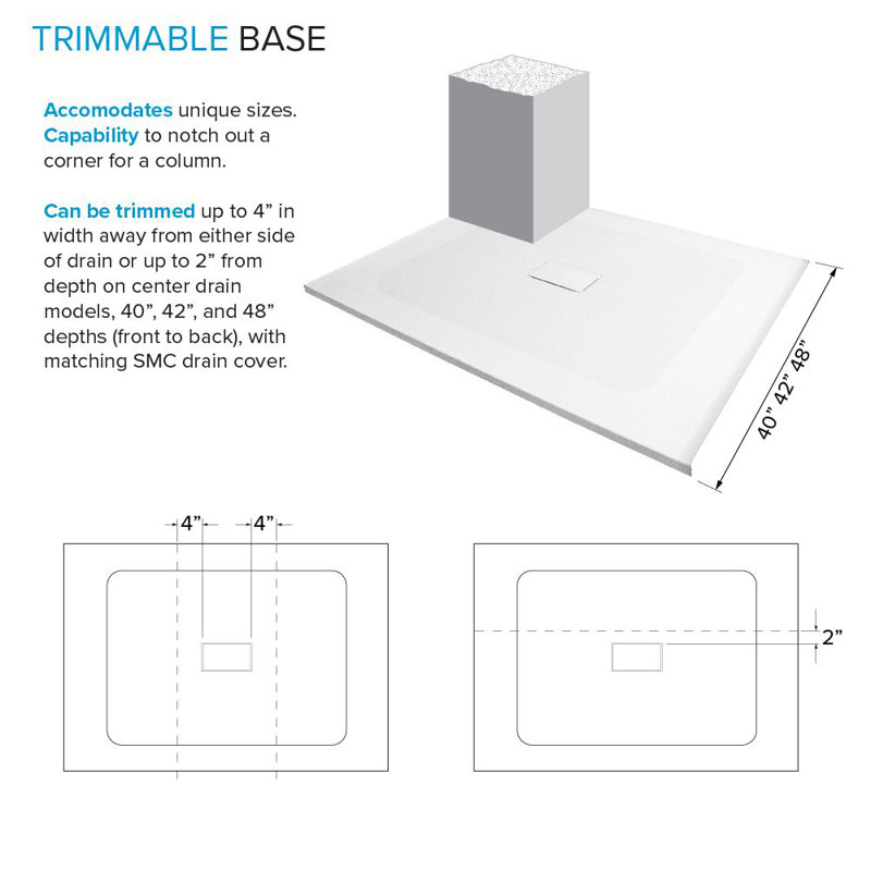 Transolid Trimslate 60-in x 40-in Zero Threshold Shower Base with Center Drain, White