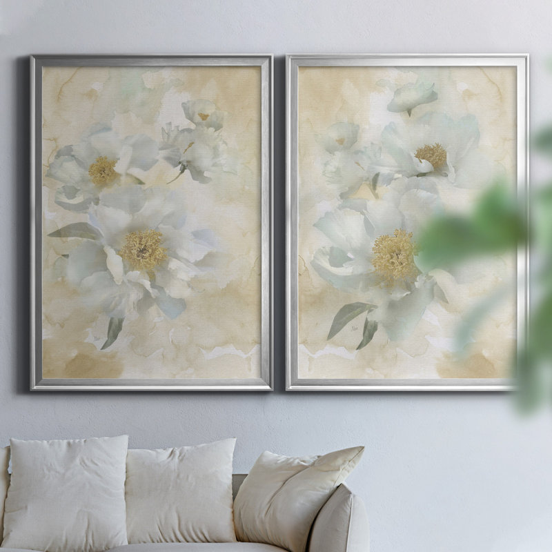 Douces pivoines I - ensemble de 2 reproductions d'art, Pas de tapis, Toile encadrée argentée, H 22,5 po x l 61 po x P 1,5 po