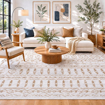 Bohemian Striped Area Rug Machine Washable Non-Slip Low-Pile Rug