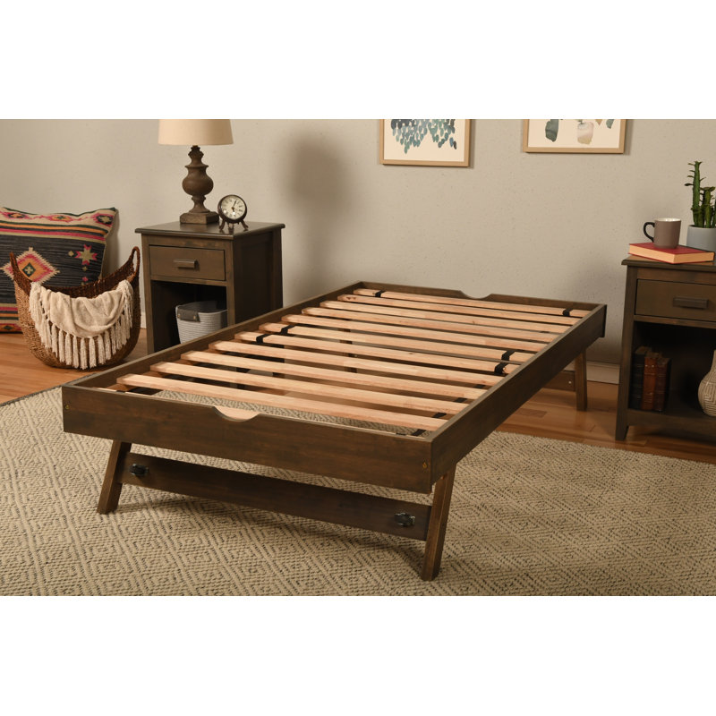 Lit gigogne escamotable en bois massif Lynnfield, avec matelas non inclus, Noyer rustique
