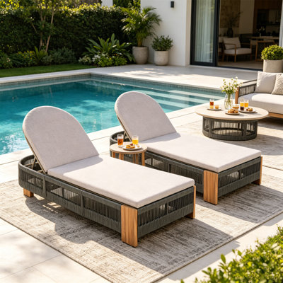 Outdoor  Acacia Wood Patio Adjustable Lounge Chair Set Of 2- Uncushioned For Backyard Pool Garden-Grey Rope & Natural Iron
