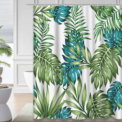 Rideau de douche bleu à motif de feuilles de palmier tropicales bleu sarcelle avec 12 crochets