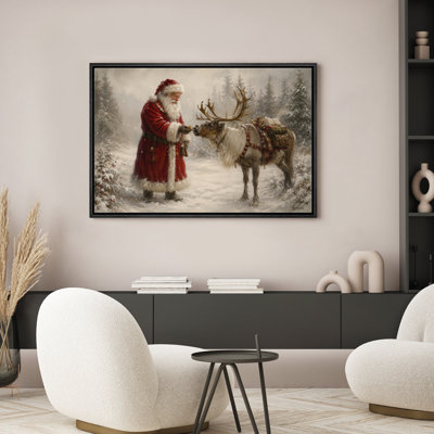 Santa Claus Feeding Reindeer in Snowy Forest Framed Canvas Master Bedroom Wall Art Work Print