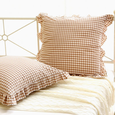 Rustic Chic Plaid Ruffle Euro Pillow Shams - Set of 2 | Washed Cotton Gingham Checkered Decorative Covers for Bed/Sofa - 26x26 inches | Taupe Color Palette