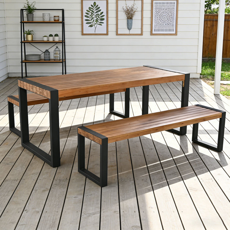 3-pieces Outdoor Dining Table With 2 Benches
