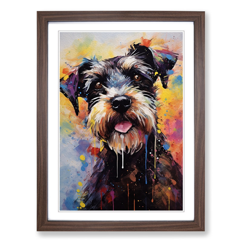Schnauzer Action Painting - Single Picture Frame Print on Wood, 64cm H x 46cm W x 2cm D, Walnut