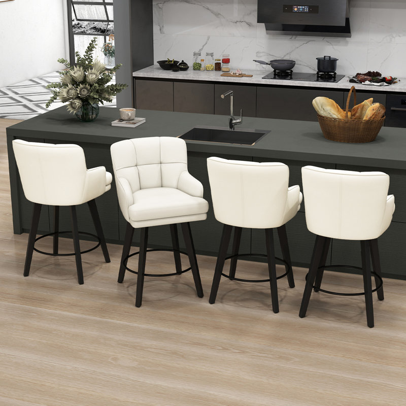 26''H Upholstered 360°Swivel Counter Height Bar Stools, Wood Legs Kitchen Island Chairs, Black, 4