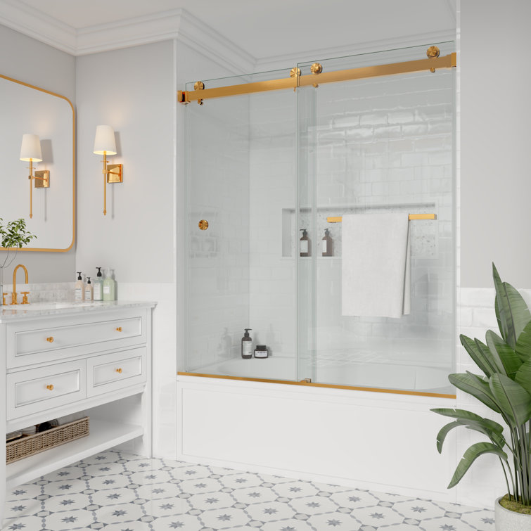 Opal Mirage MCOCOD 60" W x 66" H Double Smooth Sliding Frameless Tub Door and Anti-Collision Function with 3/8"(10mm)Clear Glass