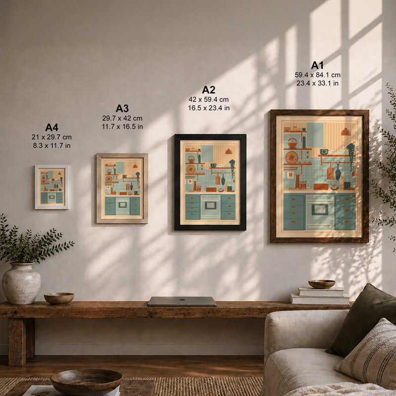 Organized Kitchen Shelves Mid-Century - Framed Print, A2 - 59.4 x 42.0 cm, Oak