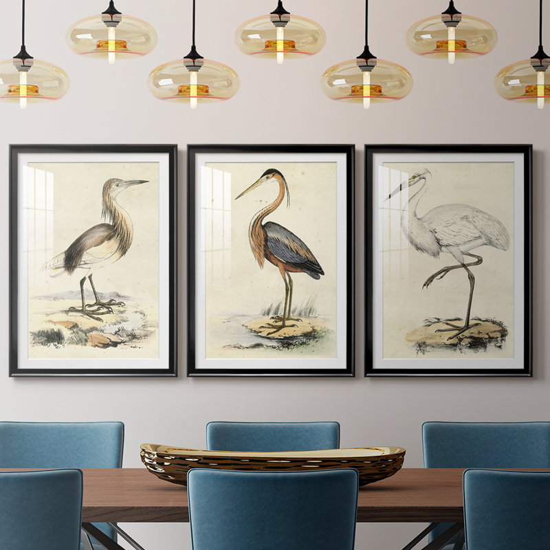 Antique Heron I - reproduction sur mesure encadrée de qualité supérieure - 3 pièces, Noir, H 21 po x l 30 po
