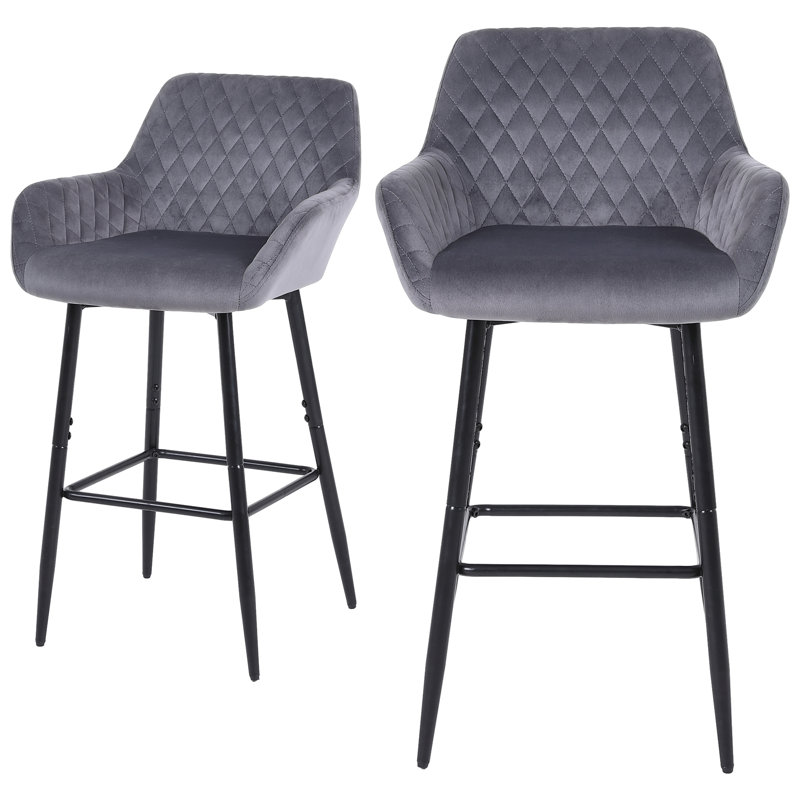 Bar Stools Set Of 2, Gray and Black Velvet Fabric With Backrest And Armrests, Auitable For Kitchen, Home, Bar, Counter, Grey