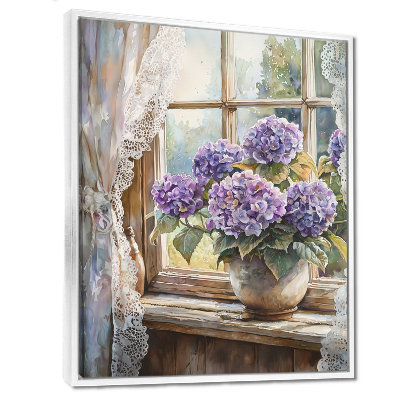 «Hydrangeas By The Farmhouse Window II - Hydrangea», reproduction sur toile, Reproduction avec cadre flottant, Blanc