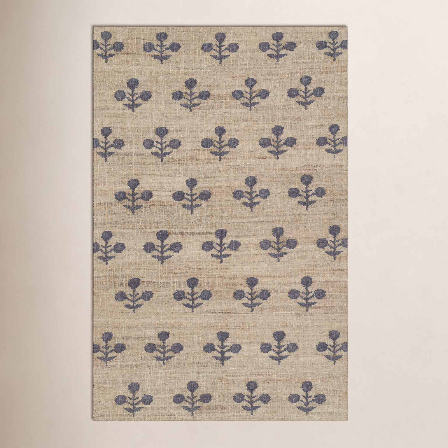 Orchard Blue Hand-Woven Block Print Jute Rug, Rectangle 10' x 14'