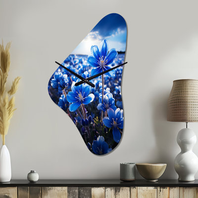 Hoa Bluebonnets Flower Blissful I - Blue Bonnets Asymmetrical Metal Wall Clock, Traditional Unique Shape Wall Clock Print