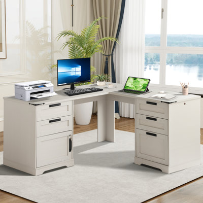 Bureau de direction en L 60 po avec tiroirs, bureau de maison de ferme avec station de charge, bureau d'ordinateur de coin en bois avec classeur,