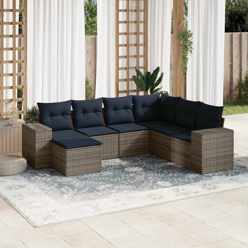 Ensemble de canapé de patio 8 pièces avec coussins en rotin de polyester noir, Coussin bleu marine / structure grise
