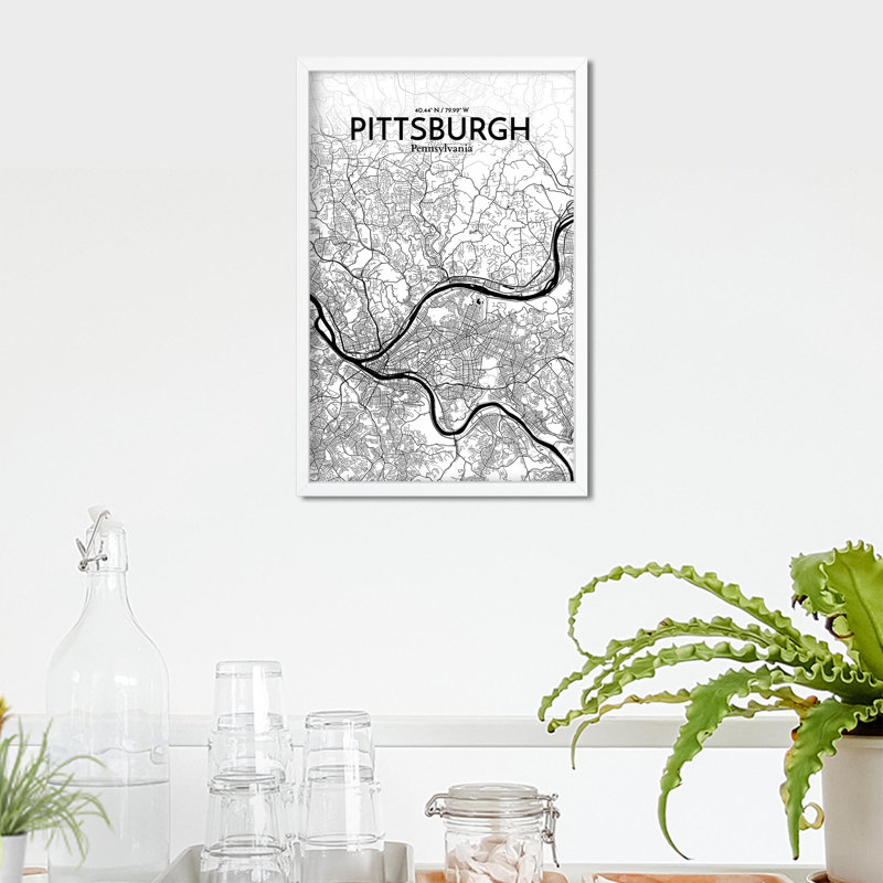 " Pittsburgh United States Of America City Map ", 17" H x 11" W, Black/White