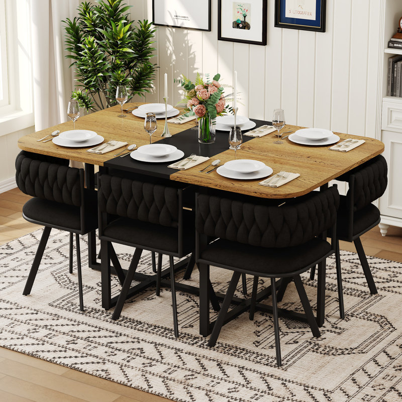 Ensemble de table de salle à manger moderne avec chaises en velours, noir et bois, conception compacte pour les petits espaces
