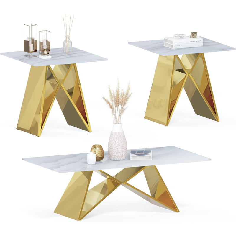 Ensemble de table de salon 3 pièces en verre et argent, Doré