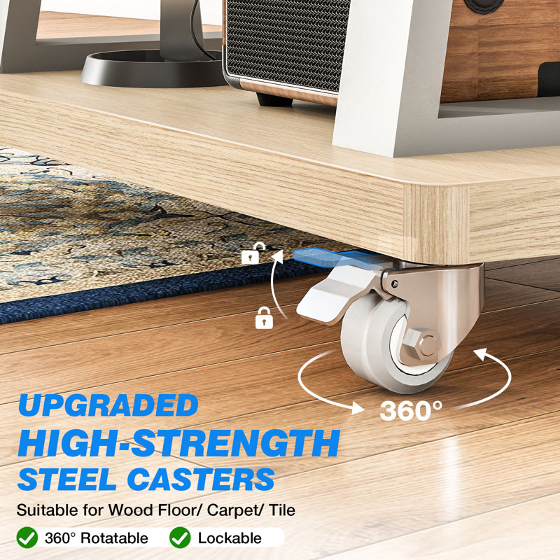 Portable Rolling Tv Stand For 32-75 Inch Tvs With Wooden Shelf, Mobile Tv Cart With Height Adjustment, Holds Up To 150 Lbs, White